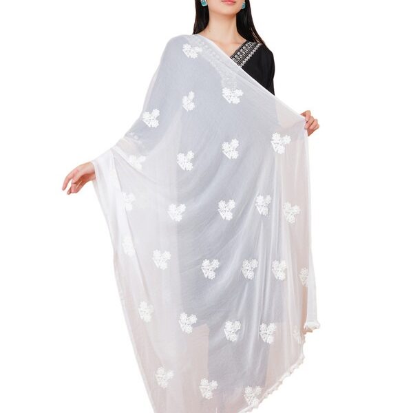 Way2Like Designer Chiffon White Dupatta Embroidered Scarves Traditional Chunni