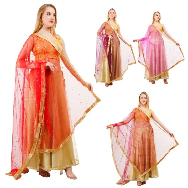 Net Dupatta With Golden Beads Lace Zari Work Art Silk Chunni Hijab Wrap