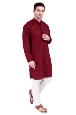 Men’s Cotton Blend Kurta Pyjama Set Sequinned Embroidered Traditional Outfit Lucknowi Kurta - Image 4