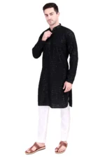 Sequin Embroidered Cotton Blend Slim Fit Embellished Kurta Pyjama Set for Men - Image 3