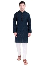 Men’s Pure Cotton Sequin Embroidered Kurta Pyjama Set Mandarin Collar Traditional Outfit - Image 3