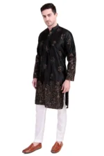 Floral Embroidered Mandarin Collar Thread Work Straight Kurta With Pyjama Designer Traditional Outfit - Image 4