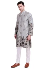 Floral Embroidered Mandarin Collar Thread Work Straight Kurta With Pyjama Designer Traditional Outfit - Image 5