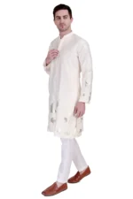 Floral Embroidered Mandarin Collar Thread Work Straight Kurta With Pyjama Designer Traditional Outfit - Image 2