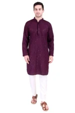Men’s Cotton Blend Kurta Pyjama Set Sequinned Embroidered Traditional Outfit Lucknowi Kurta - Image 3