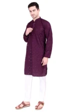 Men’s Cotton Blend Kurta Pyjama Set Sequinned Embroidered Traditional Outfit Lucknowi Kurta
