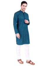 Men’s Cotton Blend Kurta Pyjama Set Sequinned Embroidered Traditional Outfit Lucknowi Kurta - Image 6