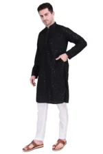Men’s Cotton Blend Kurta Pyjama Set Sequinned Embroidered Traditional Outfit Lucknowi Kurta - Image 5